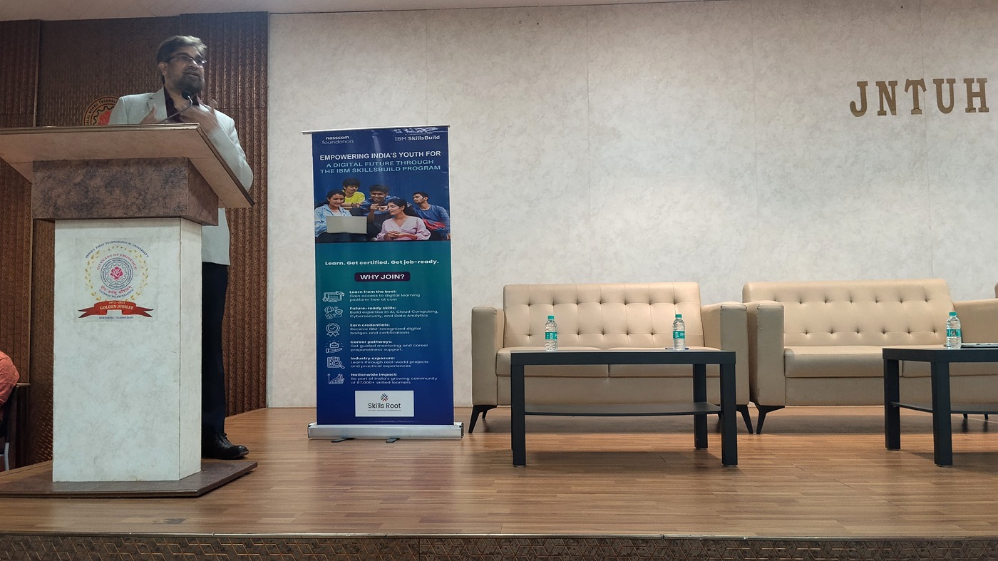 NASSCOM Foundation × IBM SkillsBuild at JNTUH — At the Podium