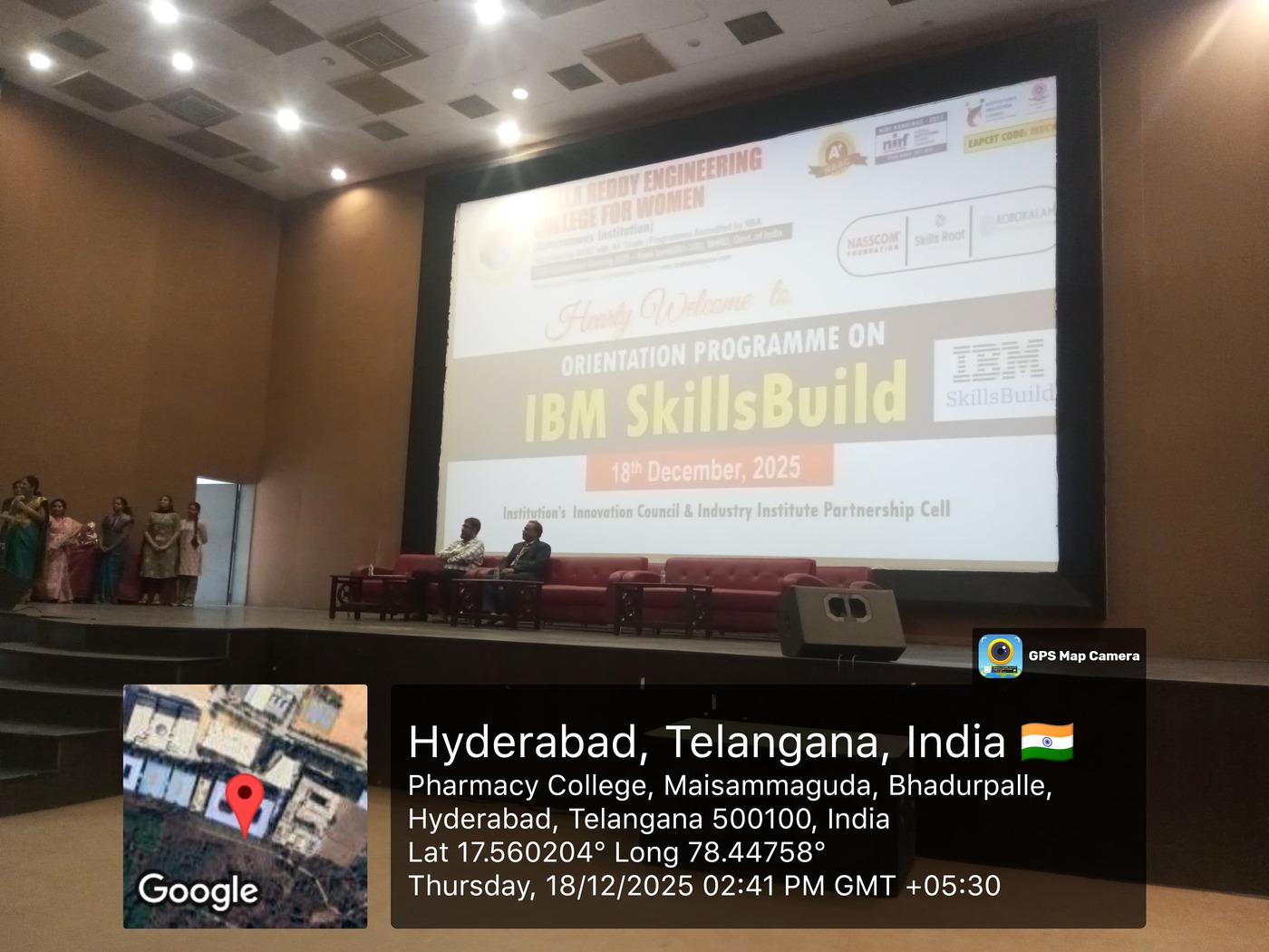 NASSCOM Foundation × IBM SkillsBuild Orientation at MRECW — Welcome Banner on Stage