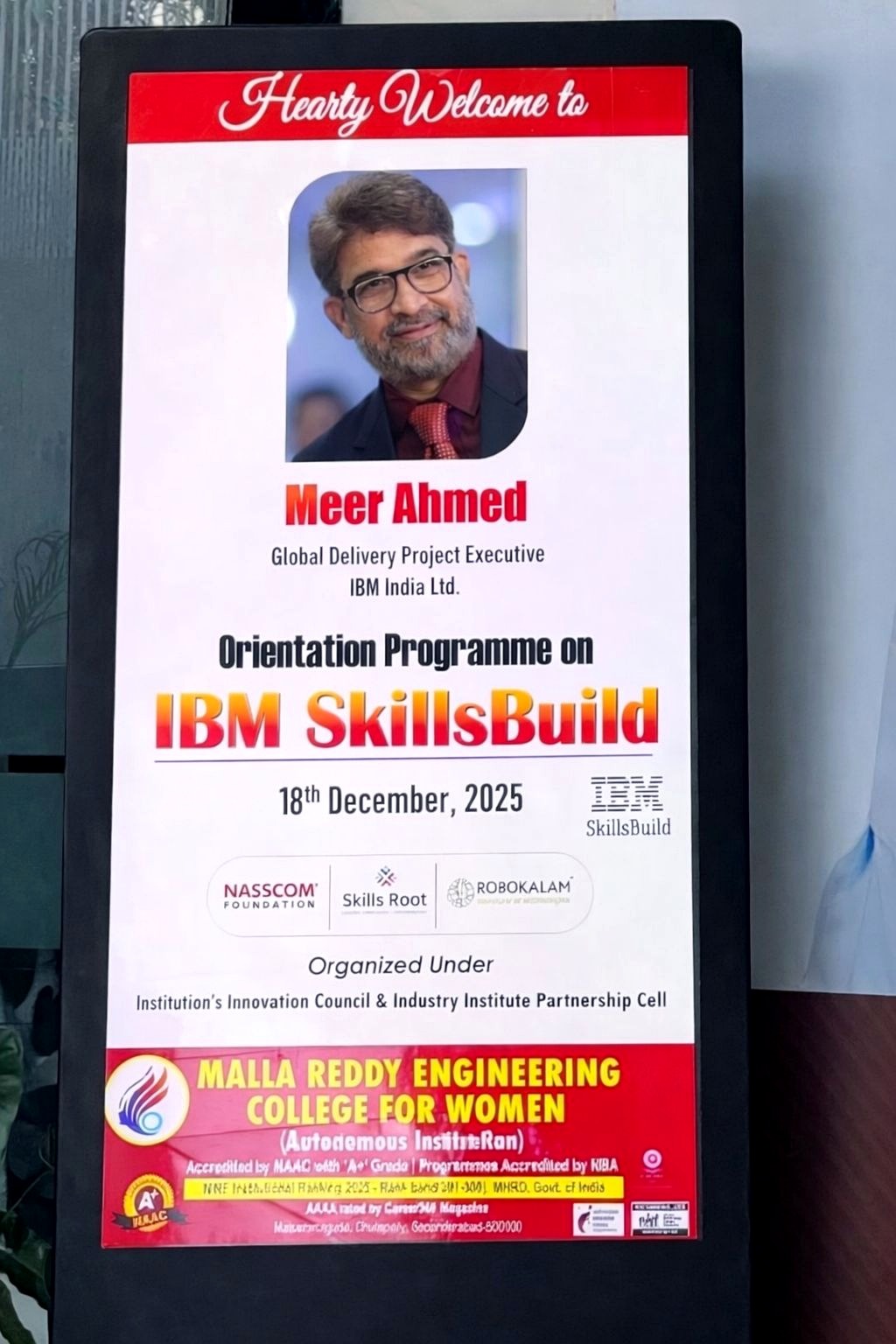 NASSCOM Foundation × IBM SkillsBuild Orientation at MRECW — Welcome Signage